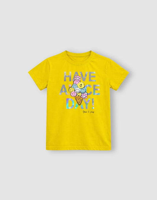 Gini and Jony Girls Yellow Typography Cotton Knit Top