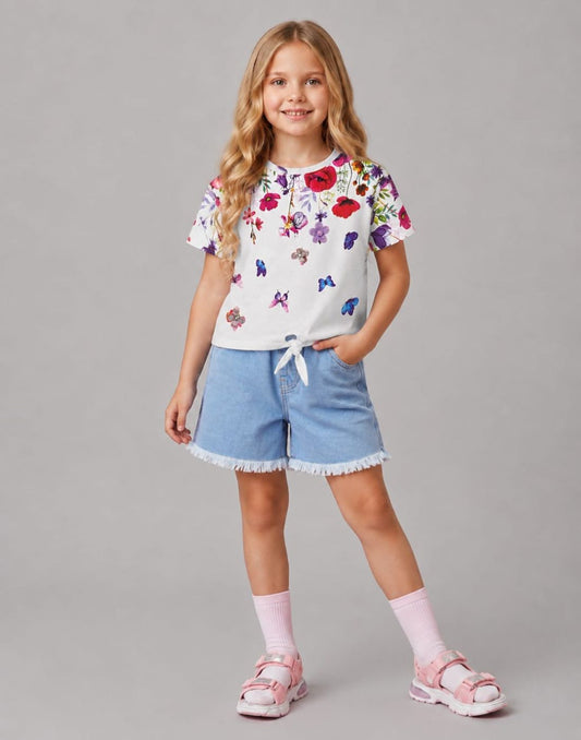 Girls White Cotton Knits Top Half Sleeves