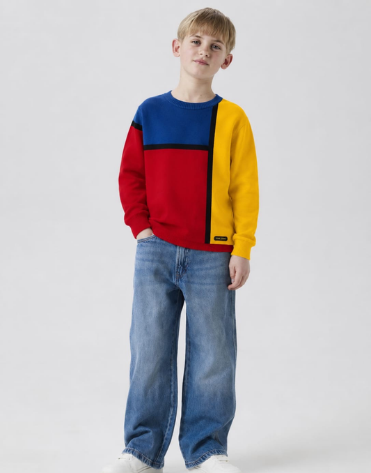 Boys Yellow Color Block Full Sleeve Sweater