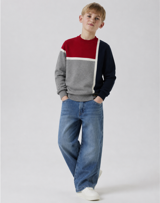 Boys Navy Blue Color Block Full Sleeve Sweater