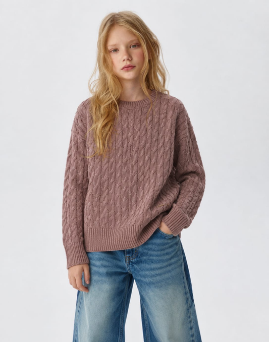 Girls Mauve Cable Knit Full Sleeve Sweater