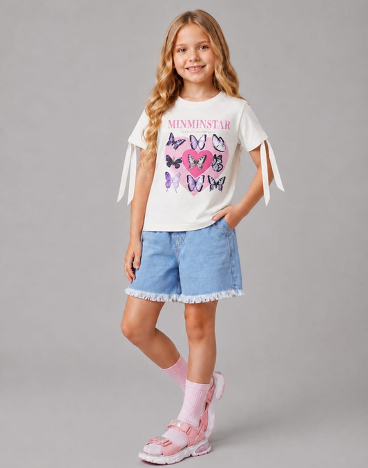 Girls Off White Cotton Knits Top Half Sleeves