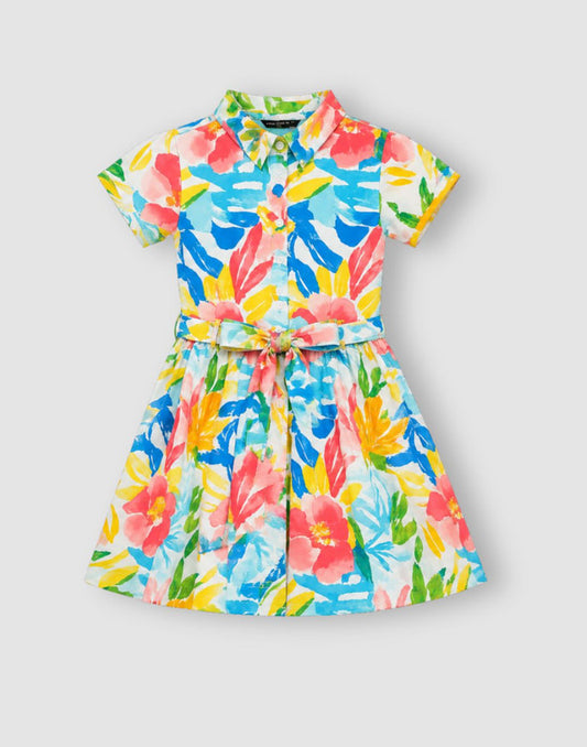Tropical Print Flared Cotton Dress