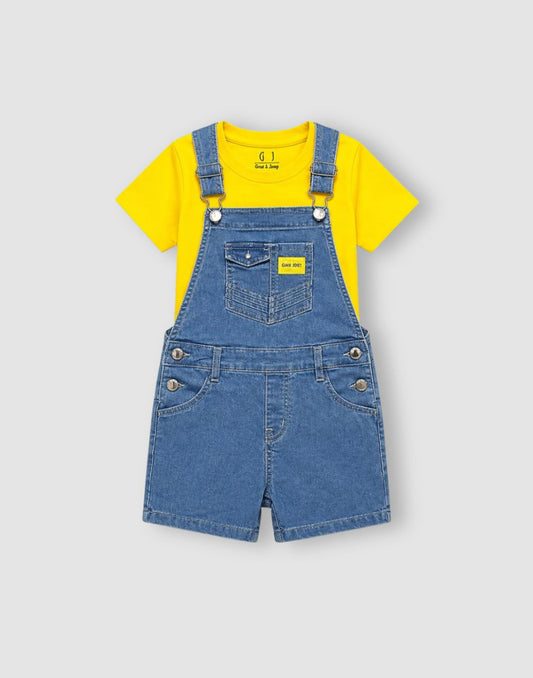Gini and Jony Girls Yellow/Blue Denim Dungaree Half Sleeves