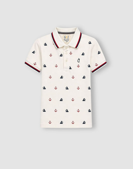 Gini and Jony Boys White Printed Cotton Polo T-Shirt