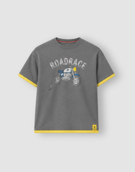 Gini and Jony Boys Grey & Yellow Graphic Cotton T-Shirt