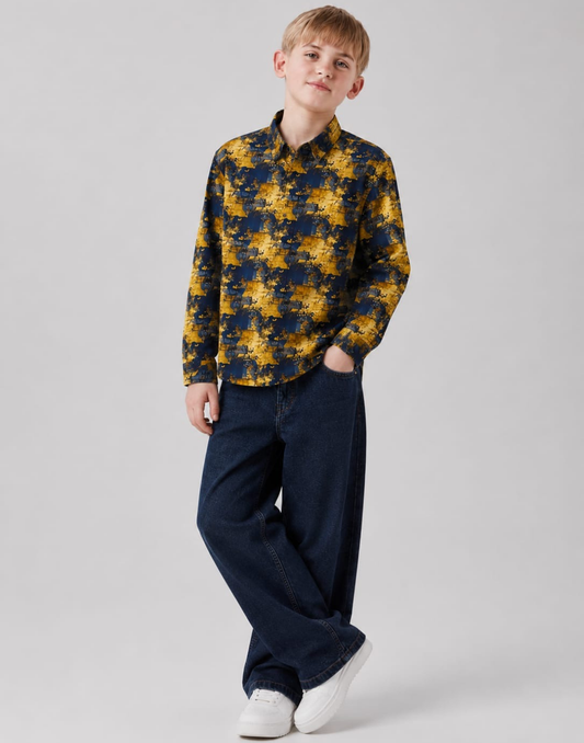 Boys Navy Blue Abstract Print Full Sleeve Shirt
