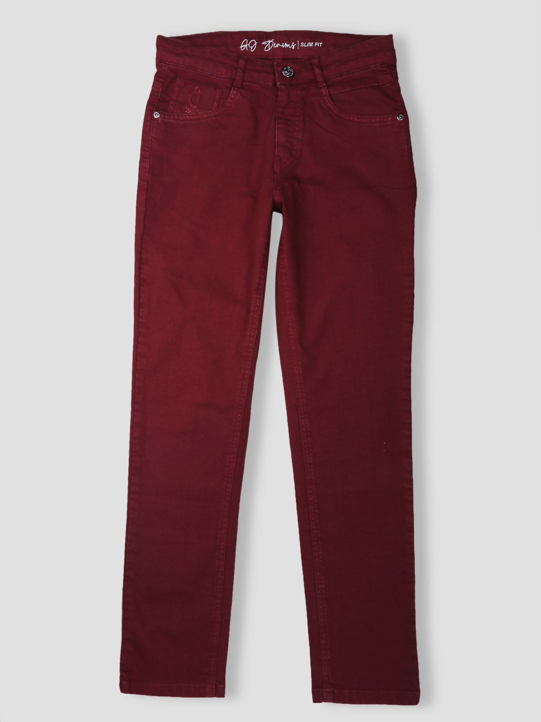 Boys Maroon Solid Denim Jeans