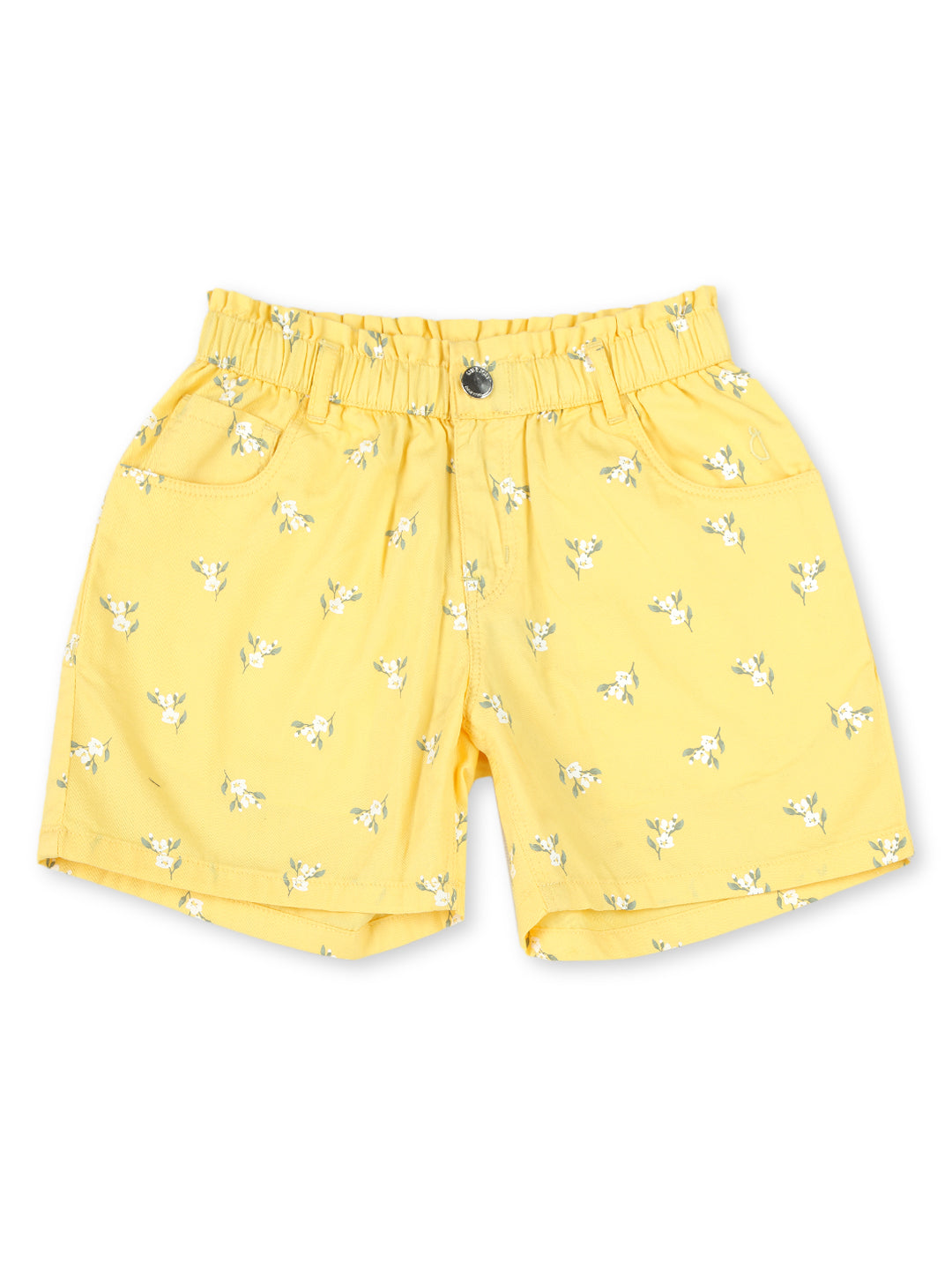 Girls Yellow Cotton Printed Shorts