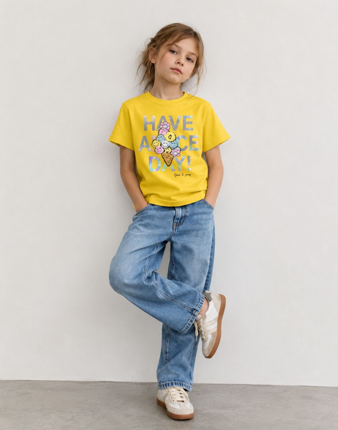 Gini and Jony Girls Yellow Typography Cotton Knit Top