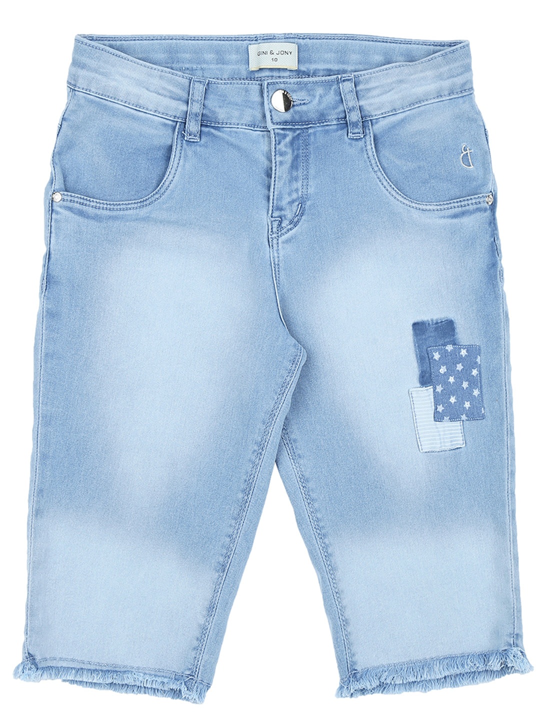 Girls Blue Washed Denim Pedal Pusher Elasticated