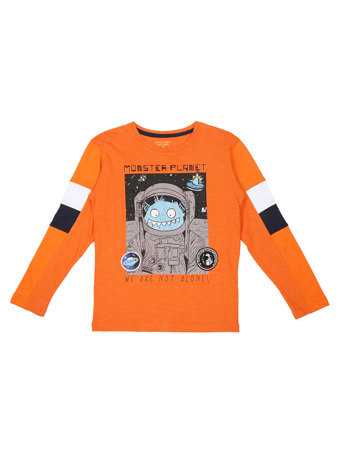 Boys Orange Graphic Print Cotton T-Shirt Full Sleeves