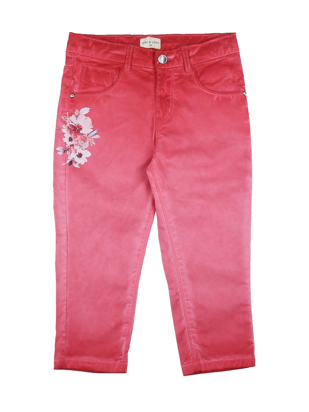 Girls Pink Floral Print Cotton Pedal Pusher Elasticated