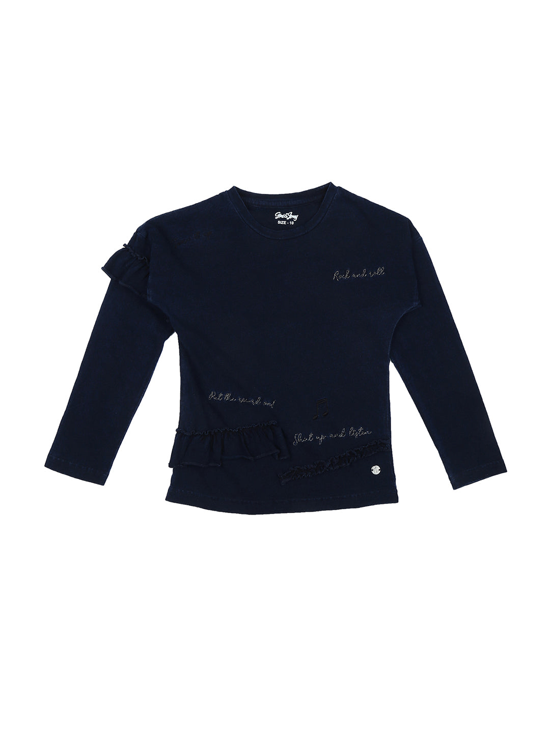 Girls Navy Blue Typographic Print Cotton Knits Top Full Sleeves