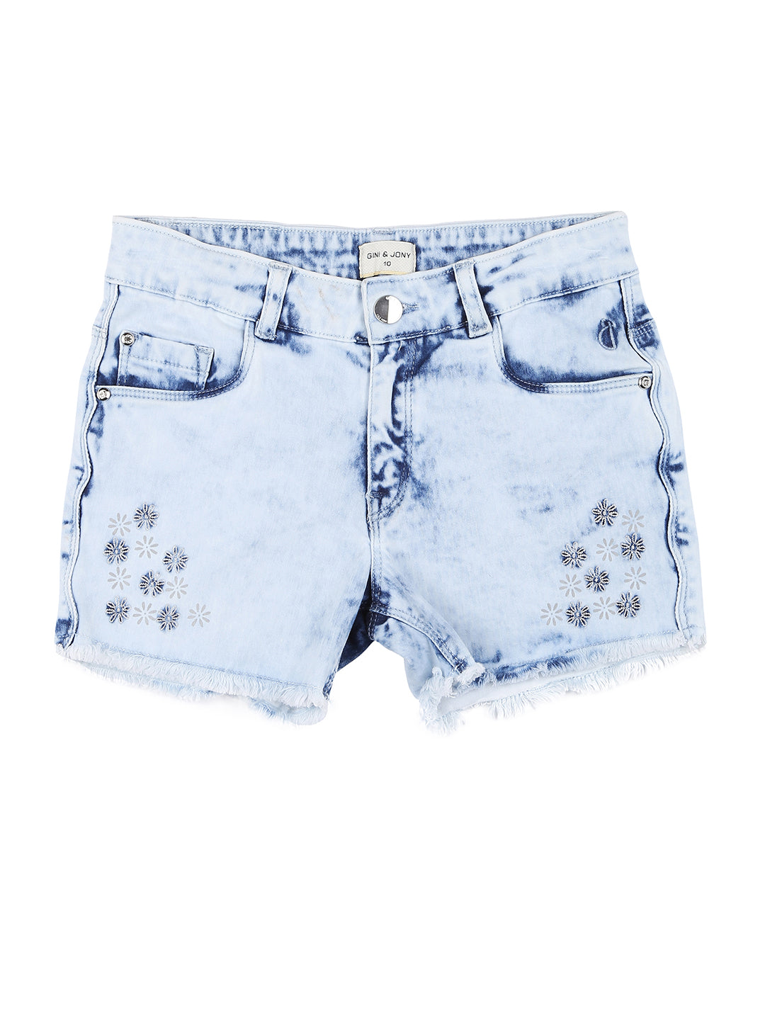 Girls Blue Floral Print Denim Shorts Fixed Waist