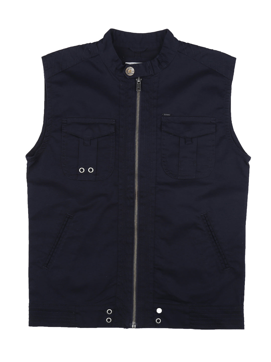 Boys Navy Blue Solid Cotton Woven Jacket Sleeveless