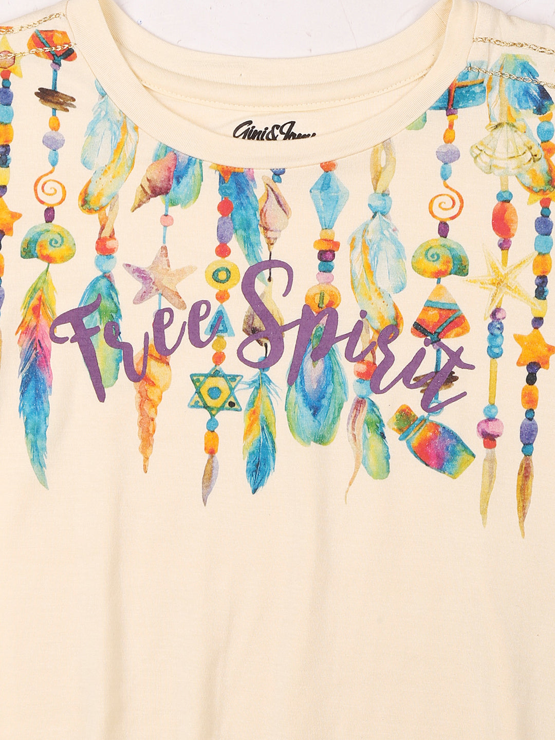 Girls Cream Graphic Print Cotton Knits Top Half Sleeves