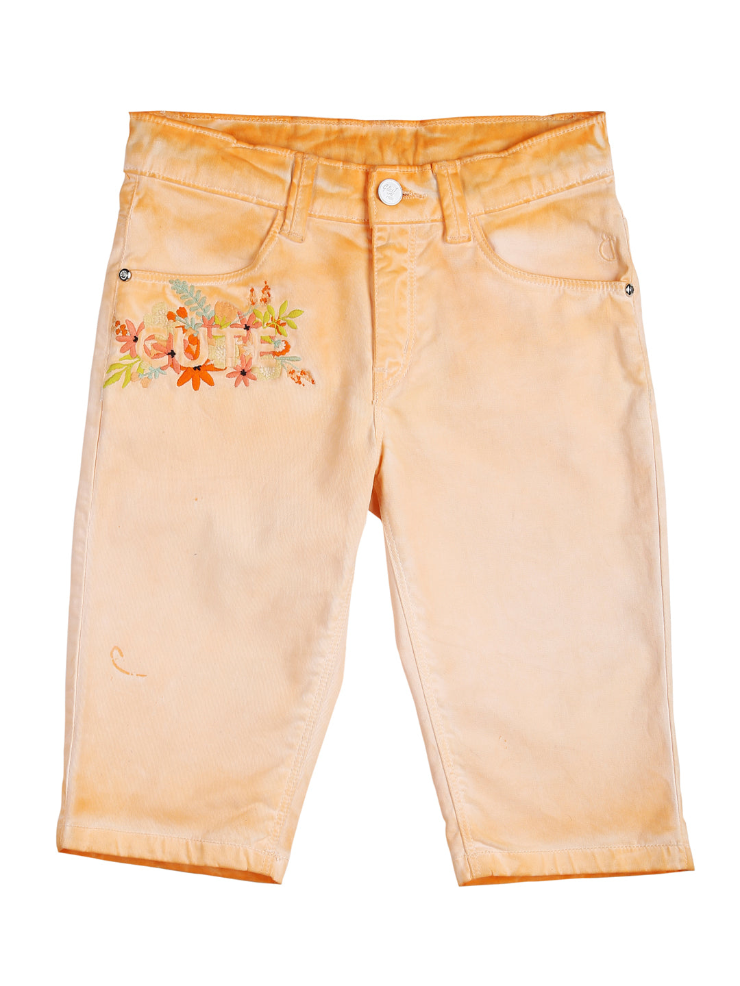 Girls Peach Floral Print Cotton Pedal Pusher Fixed Waist