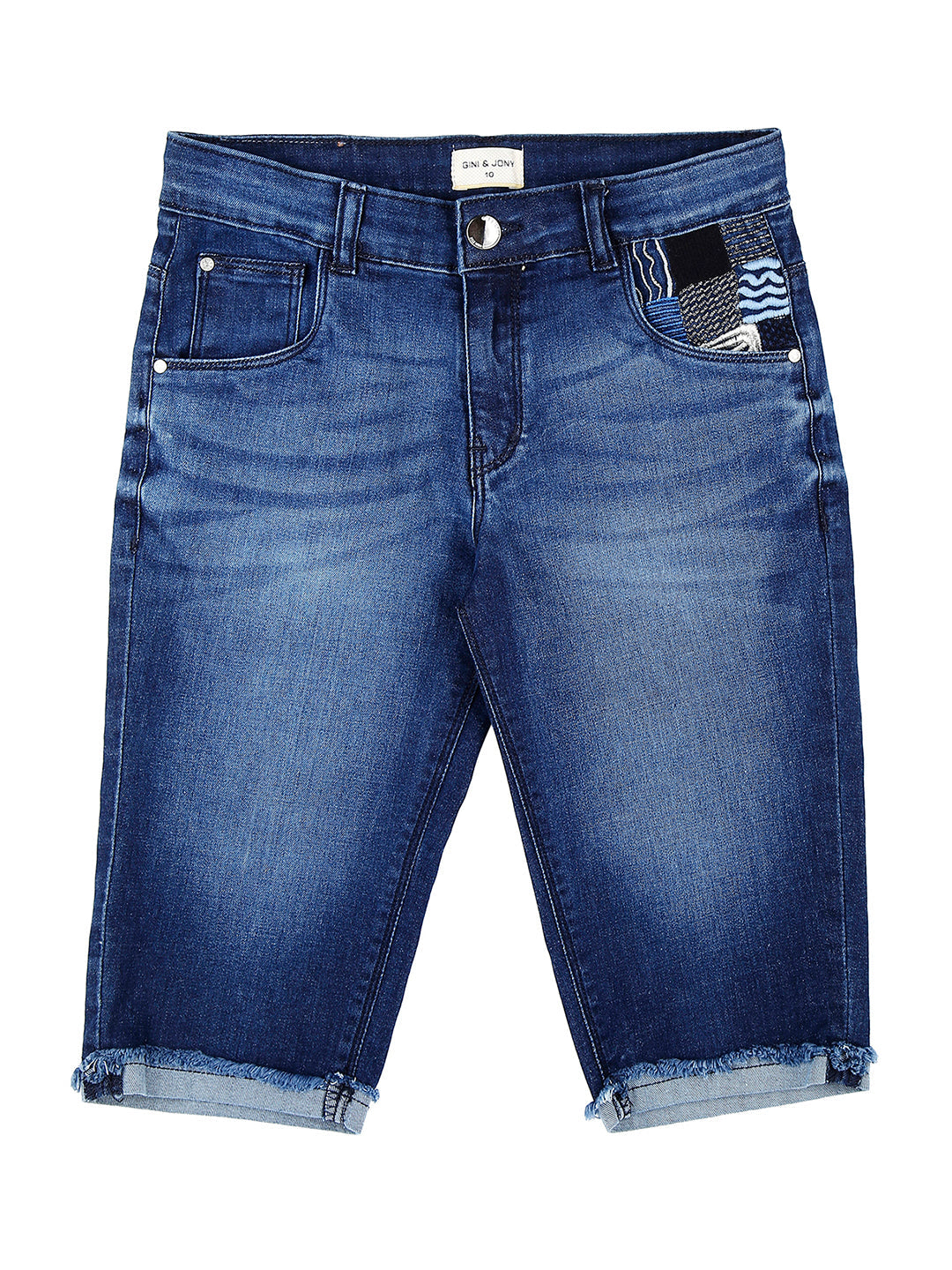 Girls Blue Washed Denim Pedal Pusher Fixed Waist