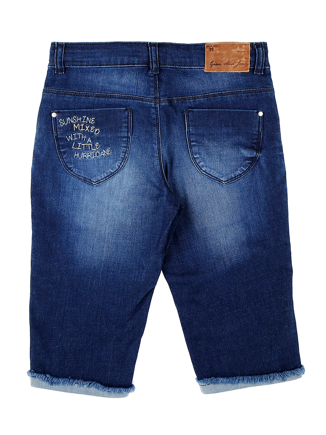 Girls Blue Washed Denim Pedal Pusher Fixed Waist
