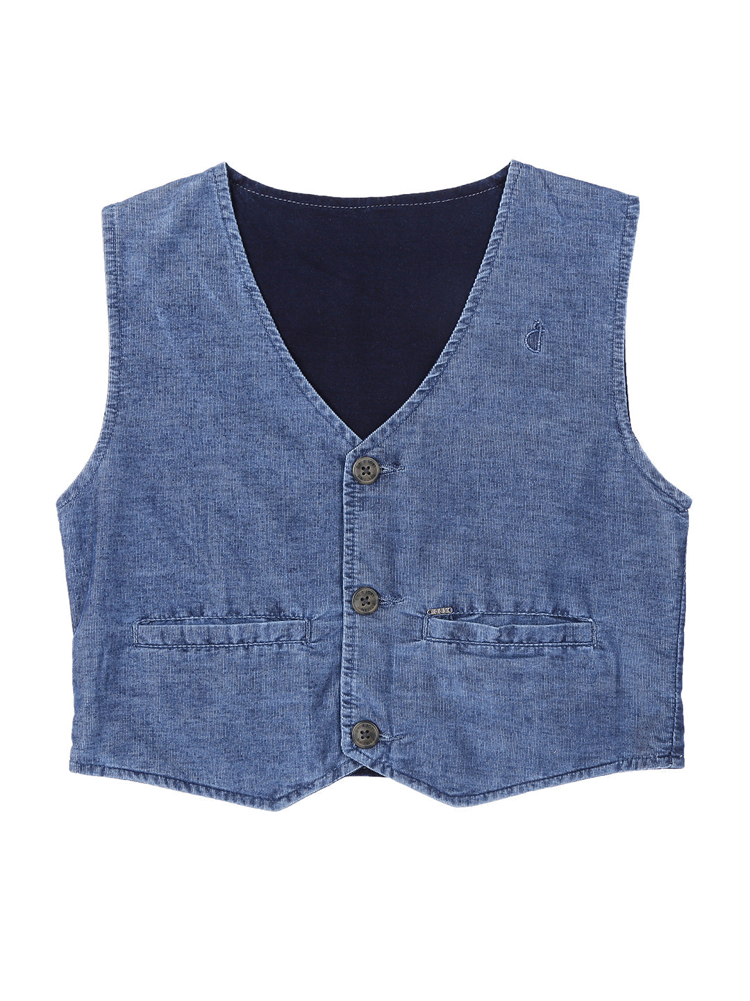 Boys Blue Solid Denim Waist Coat Sleeveless
