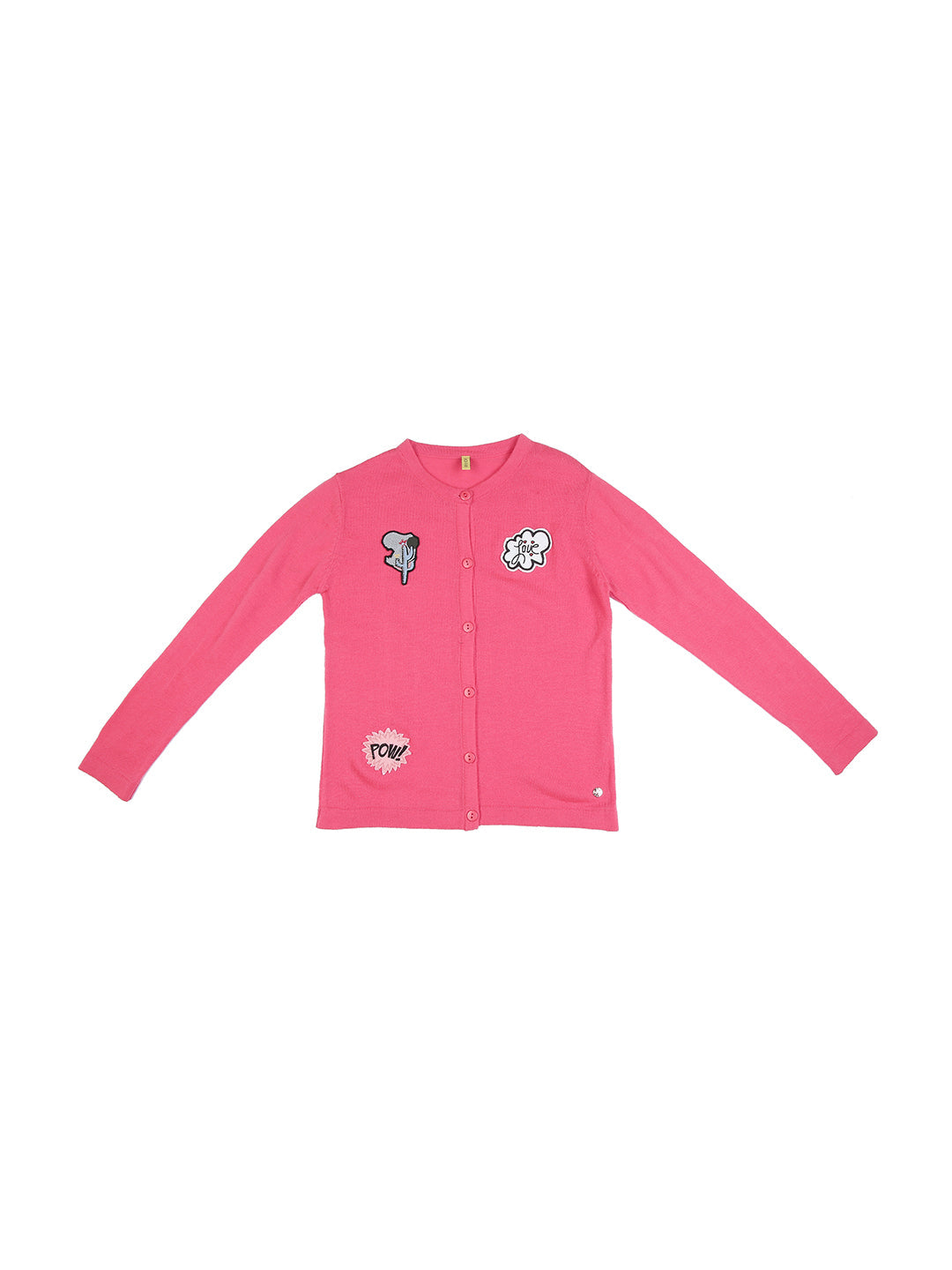 Girls Pink Patch Cotton Sweater Full Sleeves