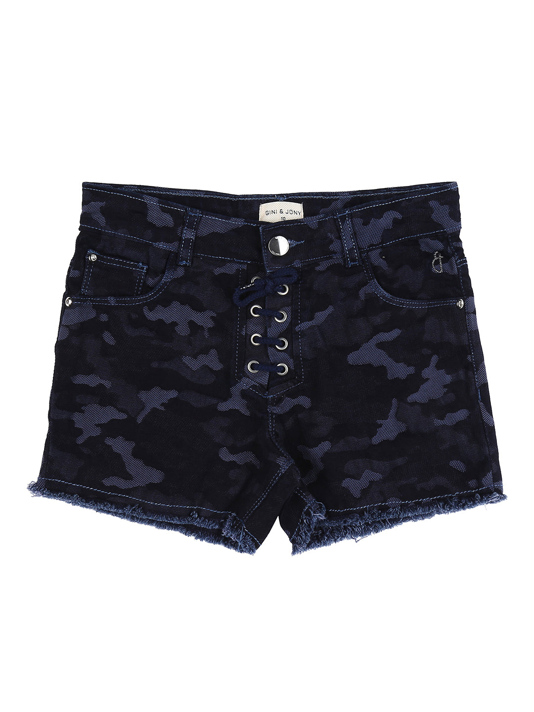 Girls Navy Blue Camouflage Denim Shorts Fixed Waist