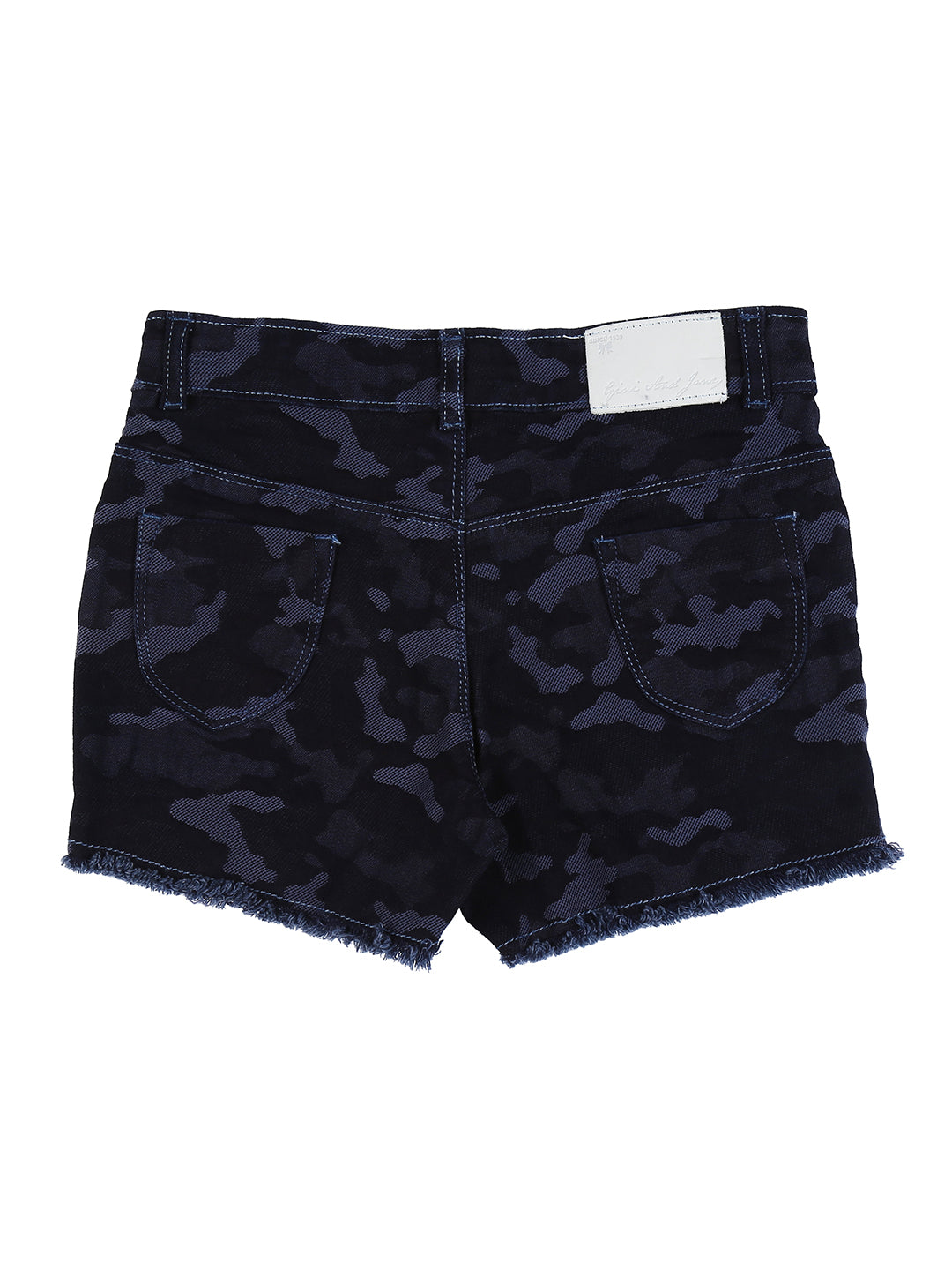 Girls Navy Blue Camouflage Denim Shorts Fixed Waist