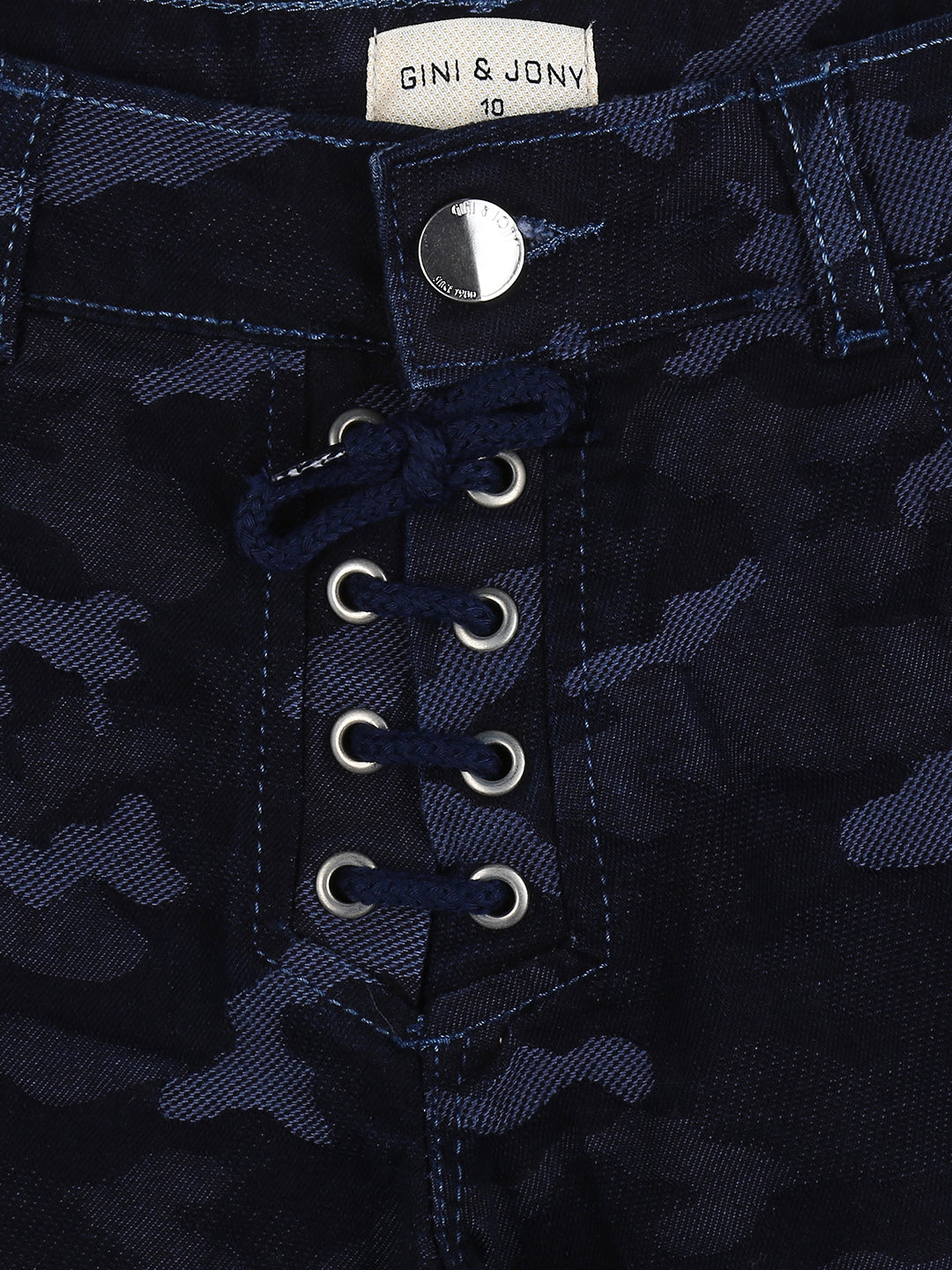 Girls Navy Blue Camouflage Denim Shorts Fixed Waist
