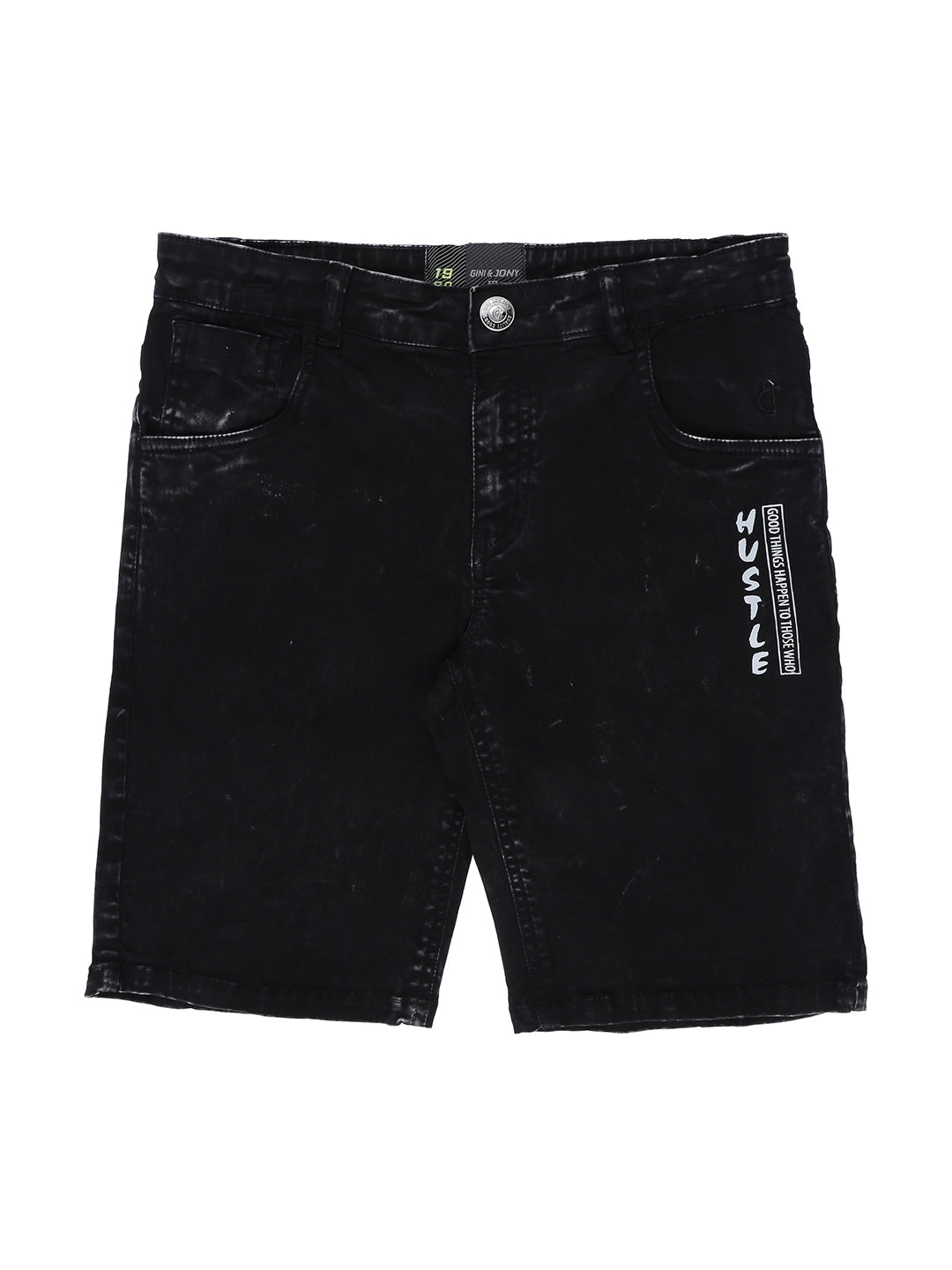 Boys Black Typographic Cotton Shorts Fixed Waist