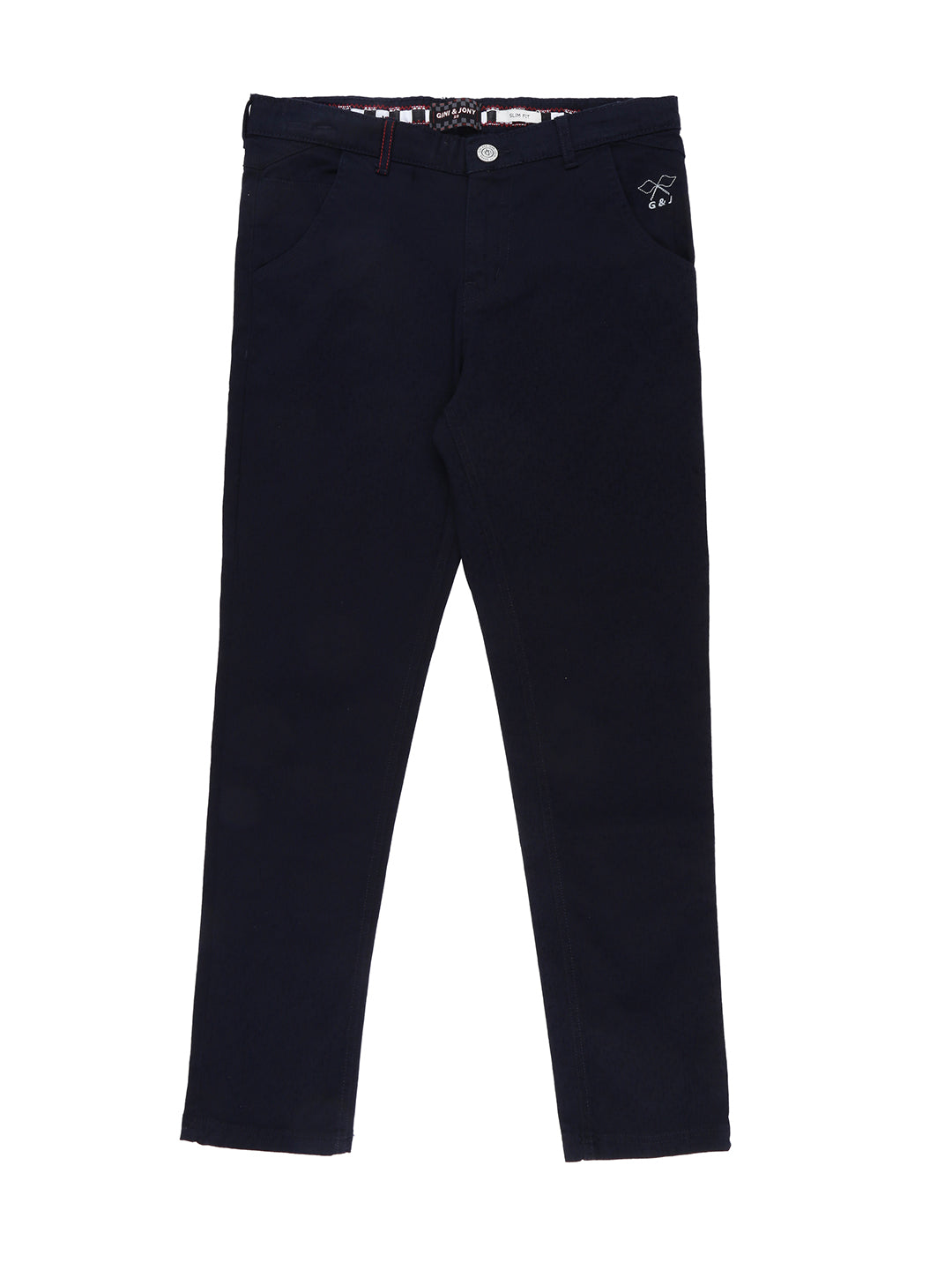 Boys Navy Blue Solid Cotton Trouser Fixed Waist