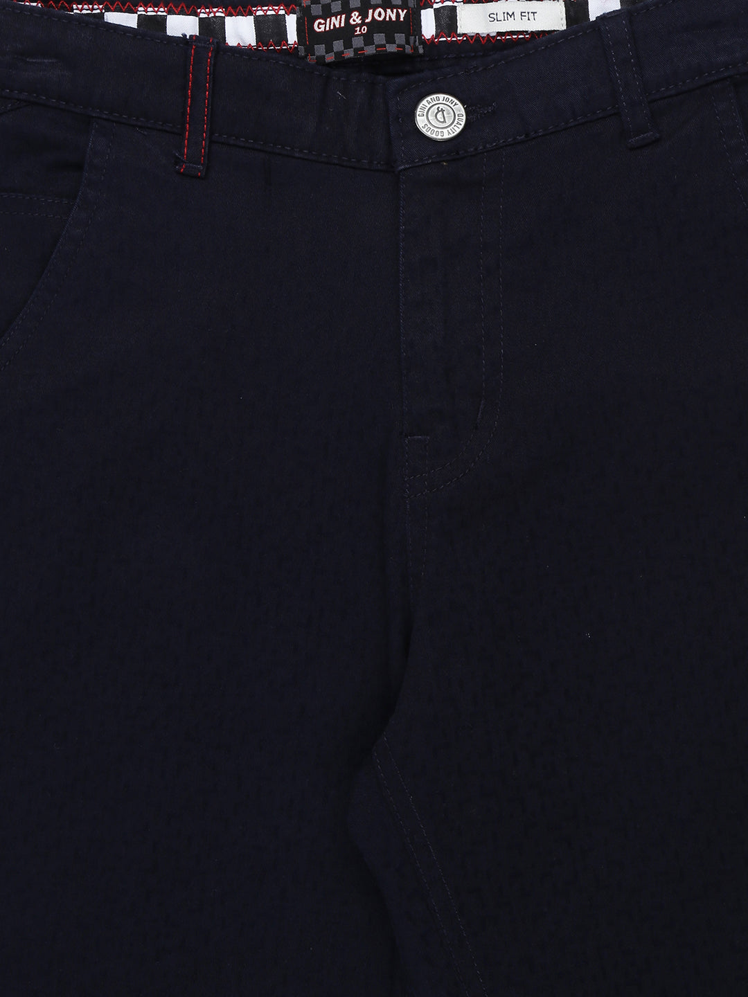 Boys Navy Blue Solid Cotton Trouser Fixed Waist