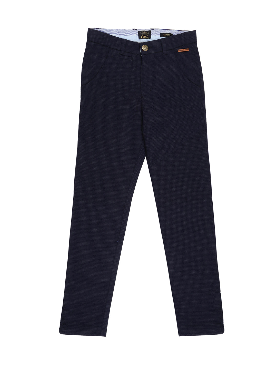 Boys Navy Blue Solid Cotton Trouser Fixed Waist