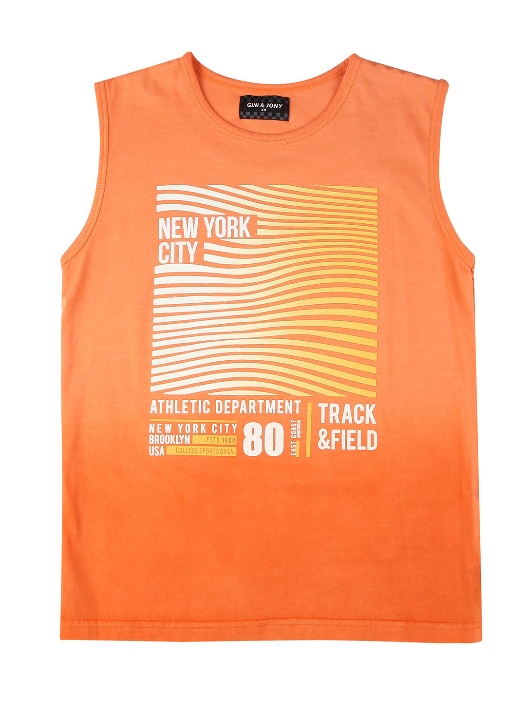 Boys Orange Graphic Print Cotton Sando Sleeveless
