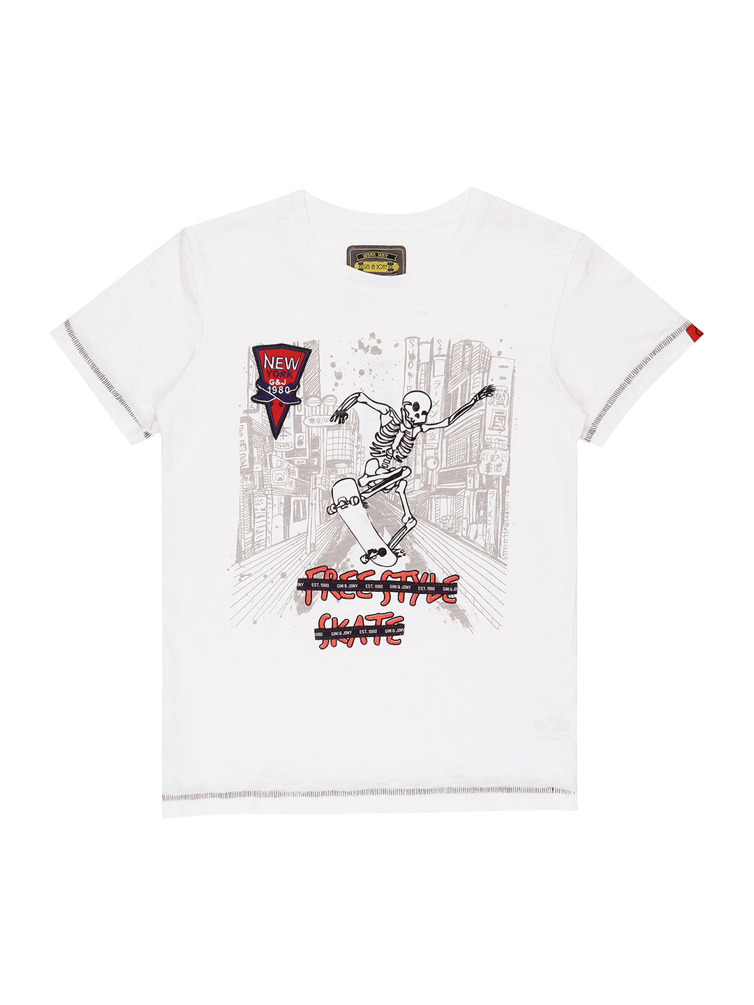 Boys White Graphic Print Cotton T-Shirt Half Sleeves