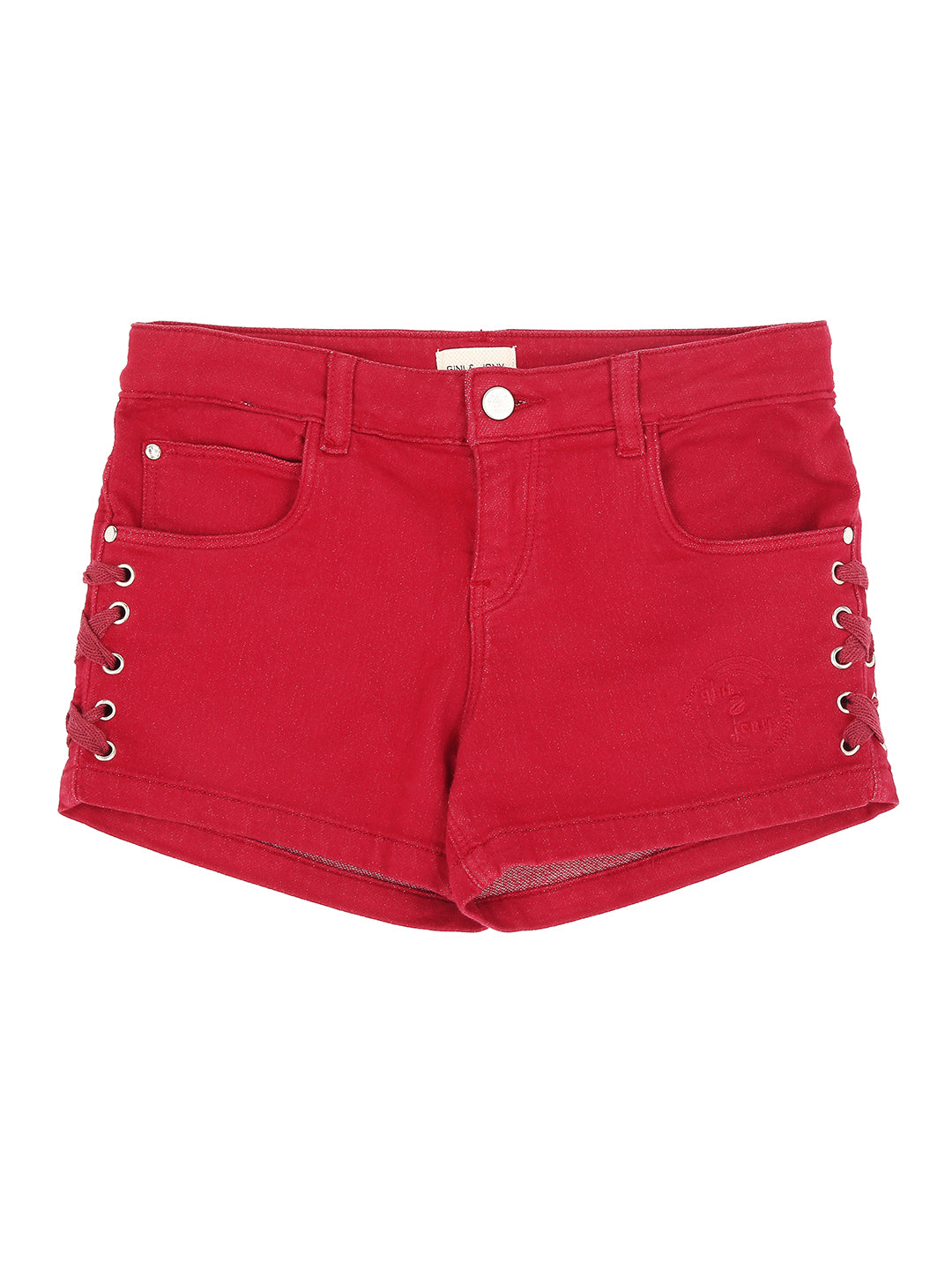 Girls Red Solid Denim Shorts Fixed Waist