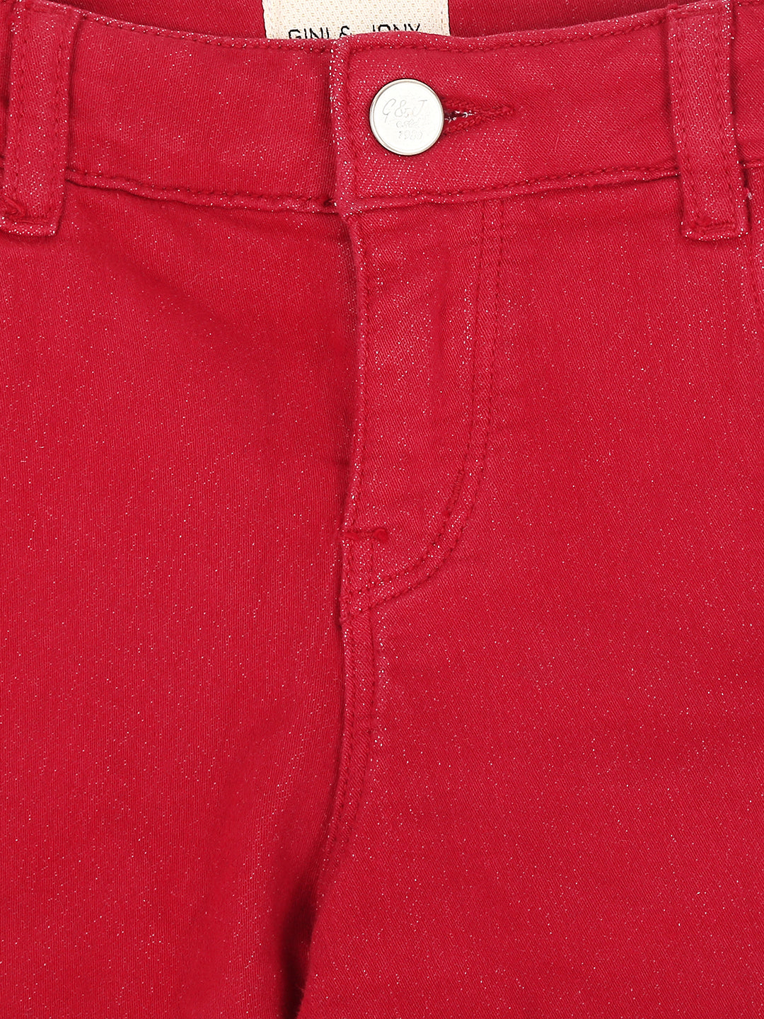 Girls Red Solid Denim Shorts Fixed Waist