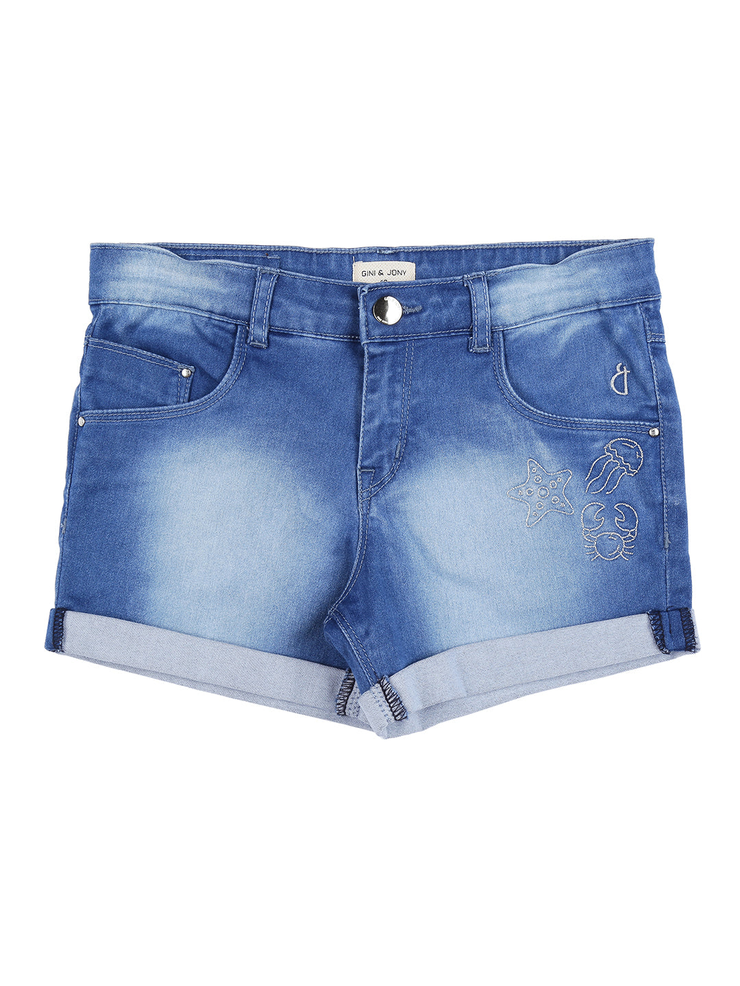 Girls Blue  Washed Denim Shorts Fixed Waist