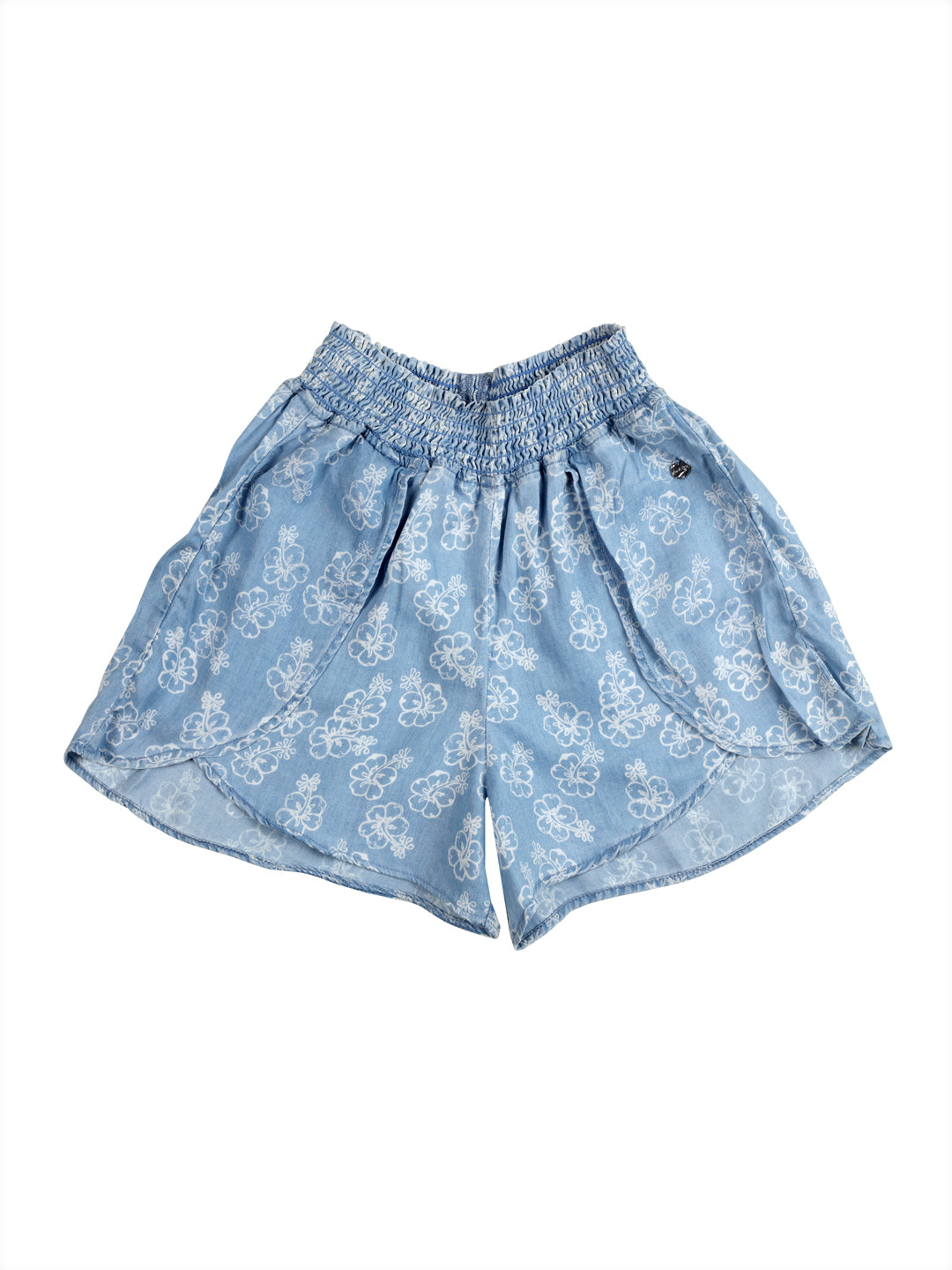 Girls Blue Floral Print Denim Shorts Elasticated