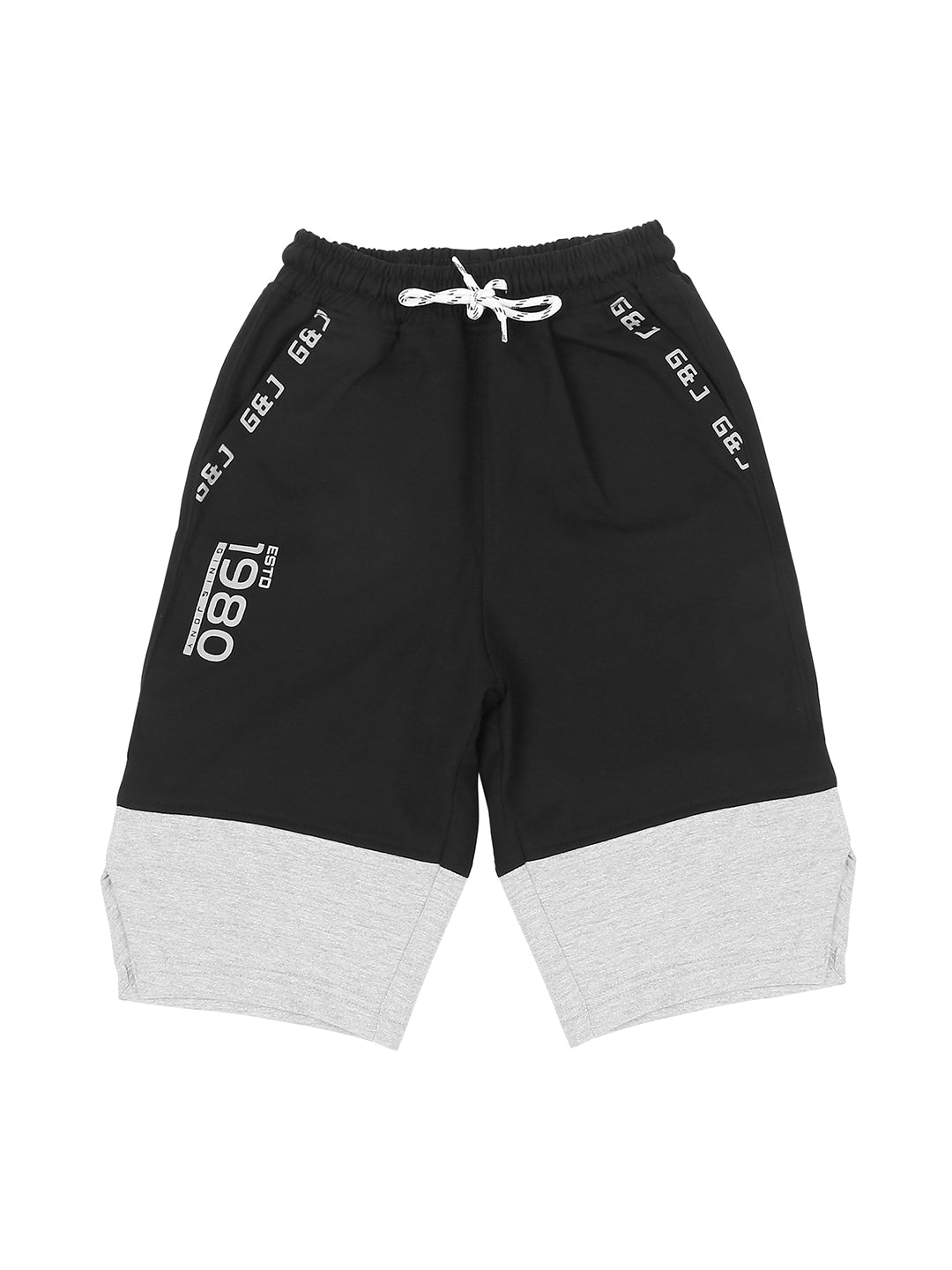 Boys Black Color Block Cotton Bermuda Elasticated