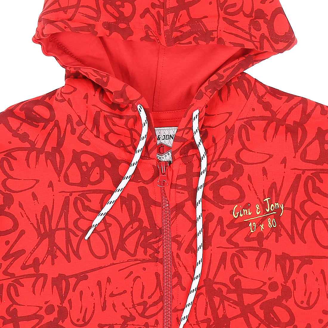 Boys Red Graphic Print Cotton Knit Jacket Full Sleeves