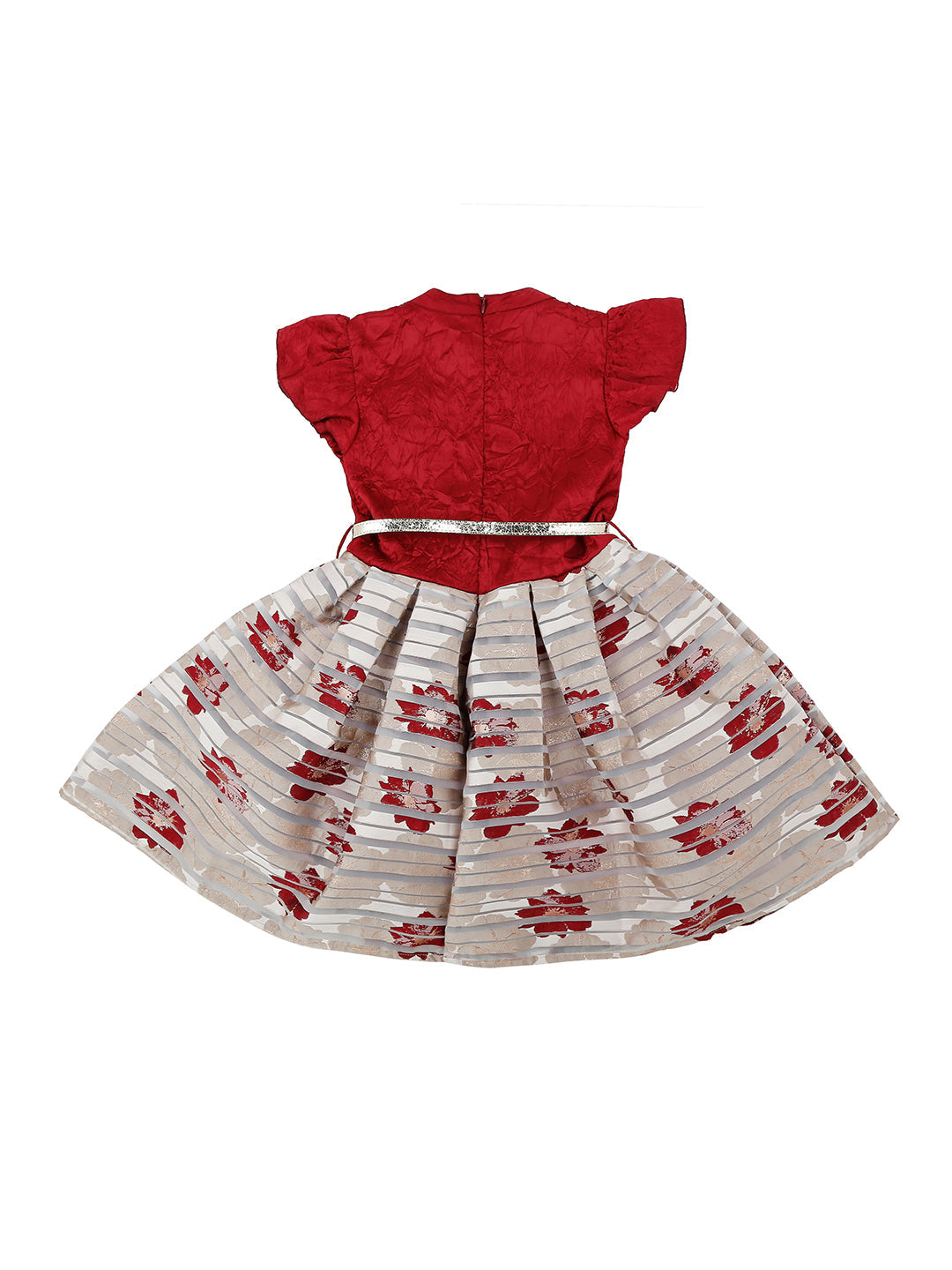 Girls Maroon Textured Jacquard Dress Half Sleeves