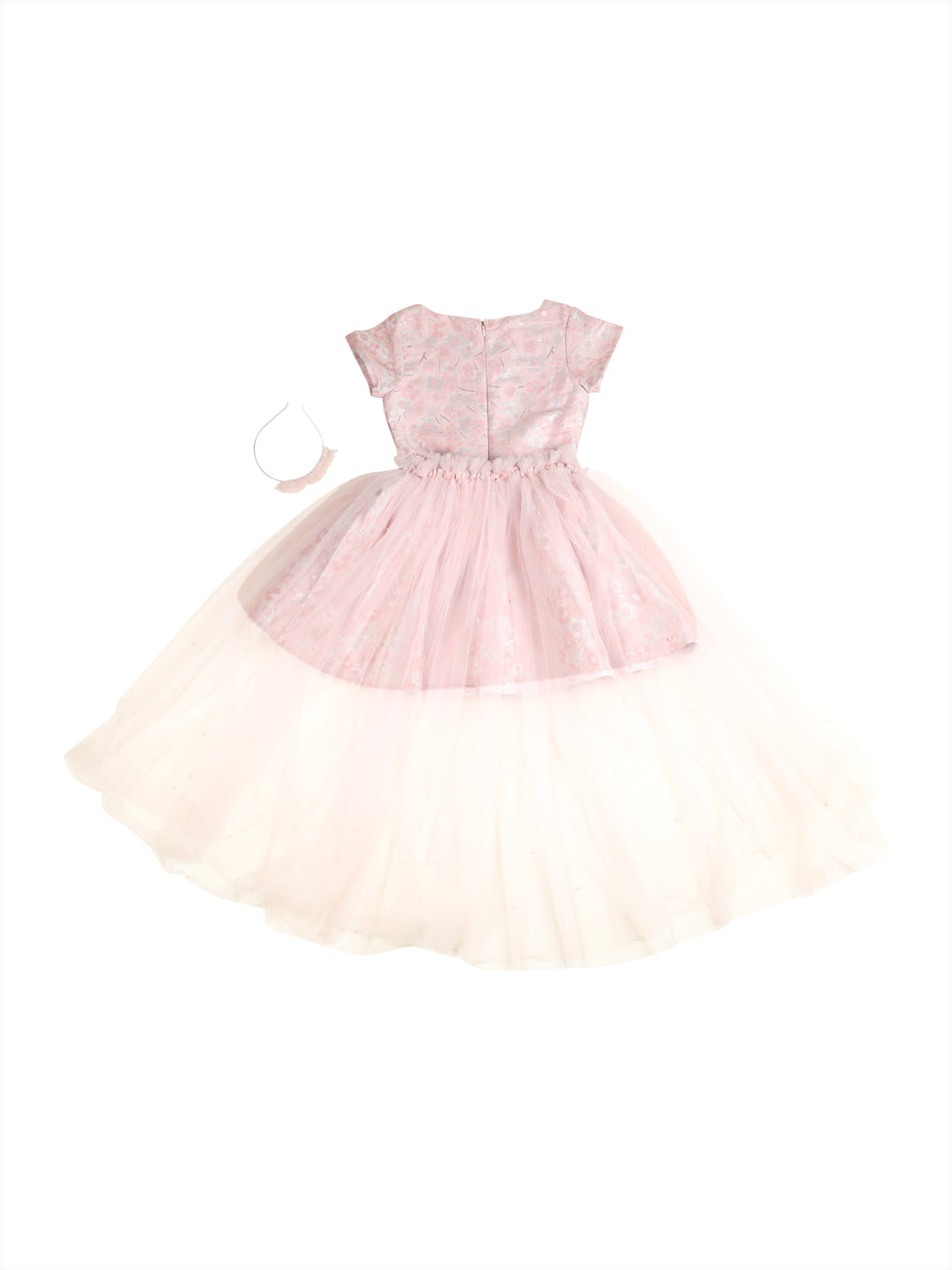 Girls Pink Floral Print Net Dress Half Sleeves