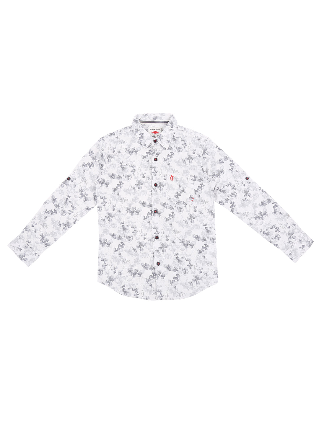 Boys White Floral Print Cotton Shirt Full Sleeves