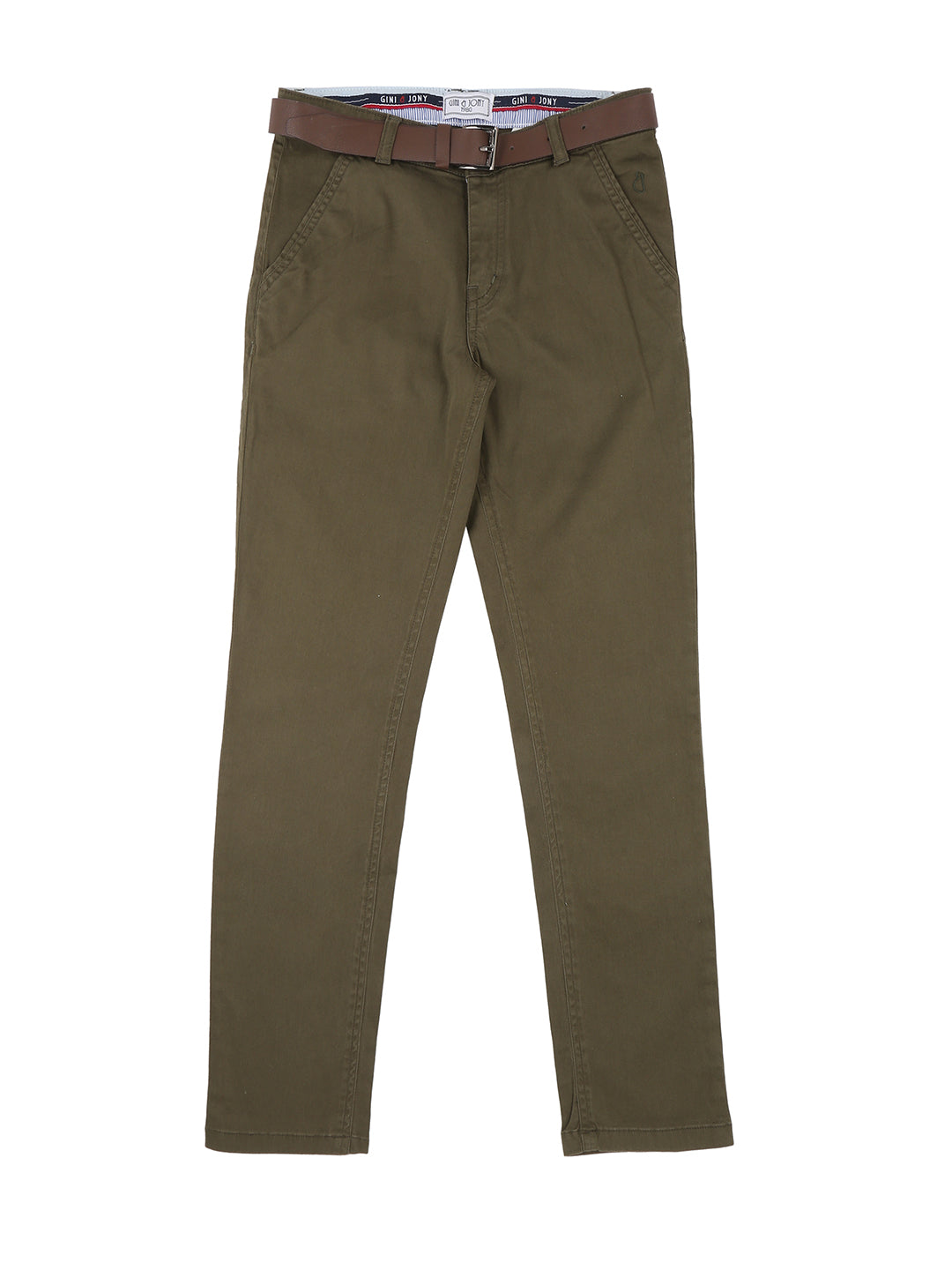 Boys Olive Solid Twill Trouser Fixed Waist