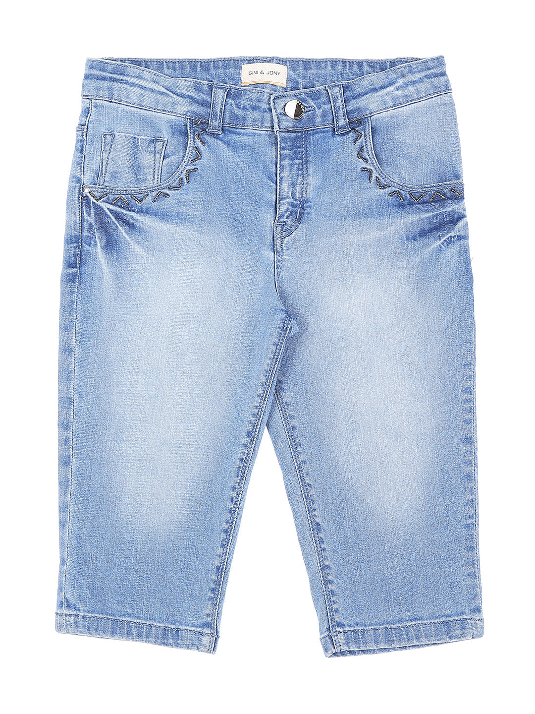 Girls Blue Washed Denim Pedal Pusher Fixed Waist