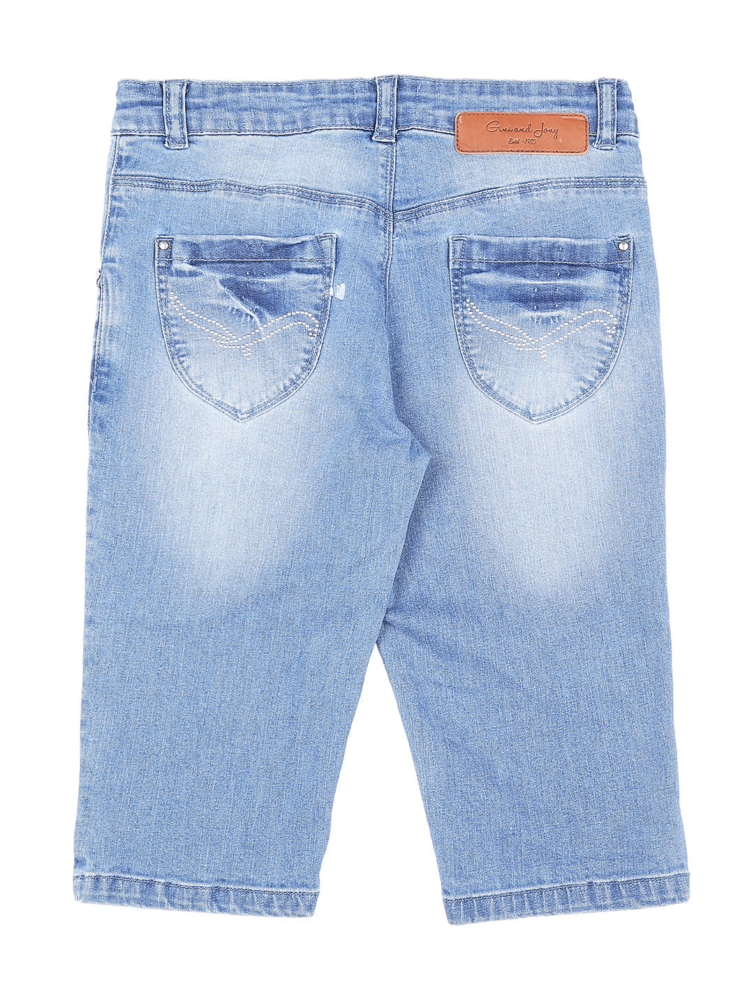 Girls Blue Washed Denim Pedal Pusher Fixed Waist