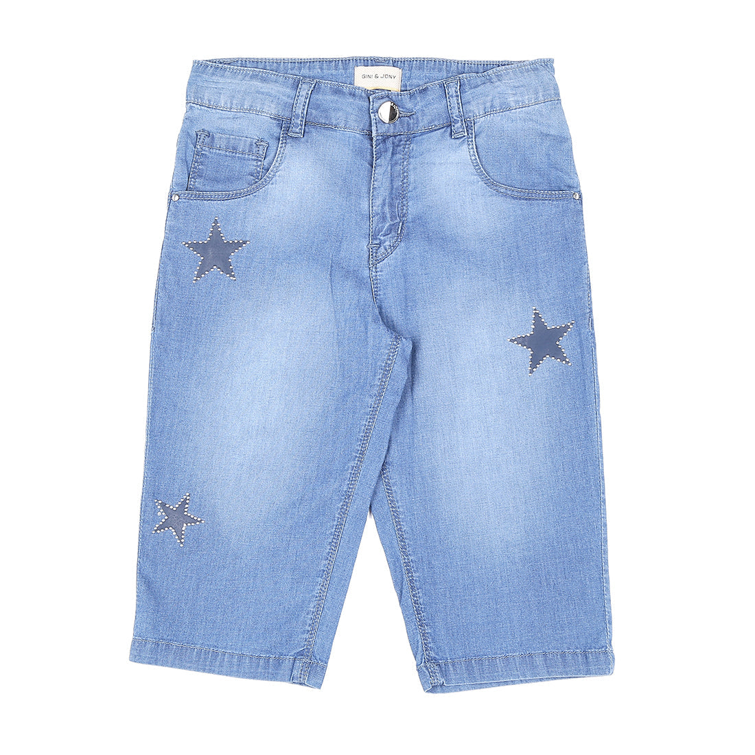 Girls Blue Washed Denim Pedal Pusher Fixed Waist