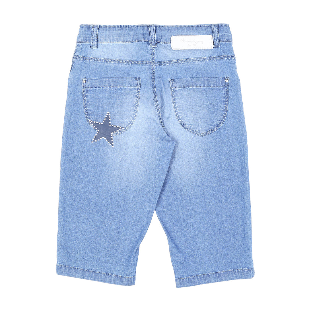 Girls Blue Washed Denim Pedal Pusher Fixed Waist