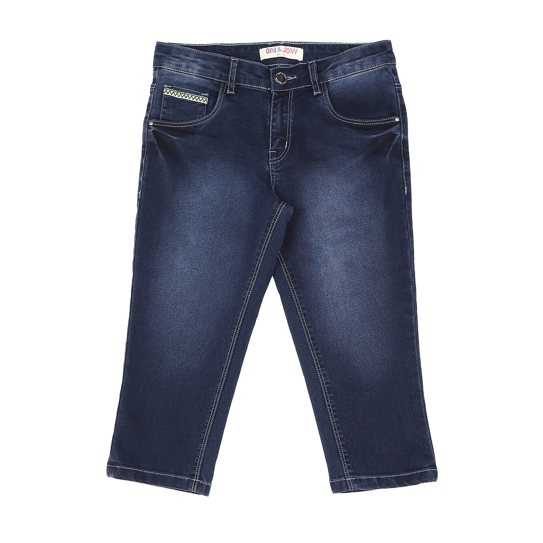 Girls Navy Blue Washed Denim Capri Fixed Waist